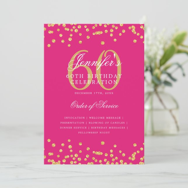 Elegant 60th Birthday Program Menu Gold Hot Pink  Invitation (Standing Front)