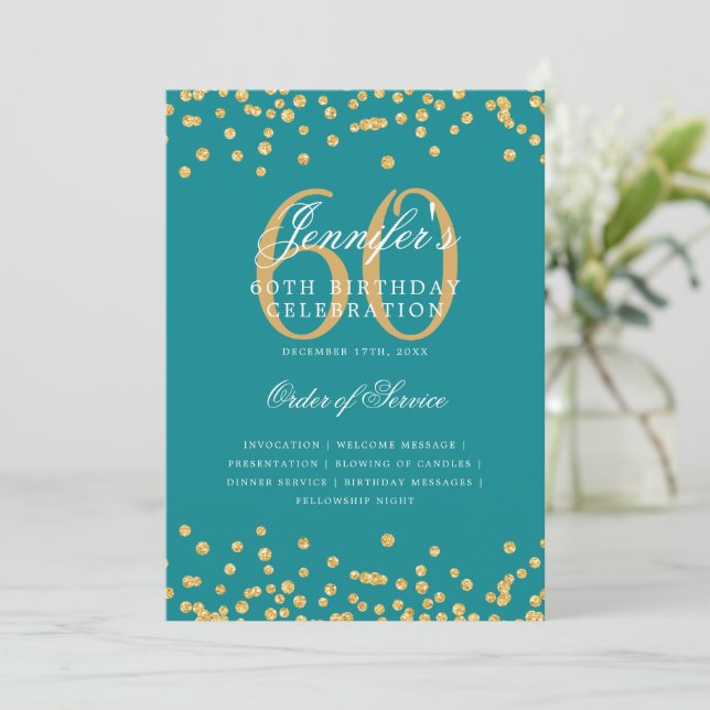 Elegant 60th Birthday Program Menu Gold Teal  Invitation (Standing Front)