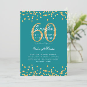 Elegant 60th Birthday Program Menu Gold Teal  Invitation