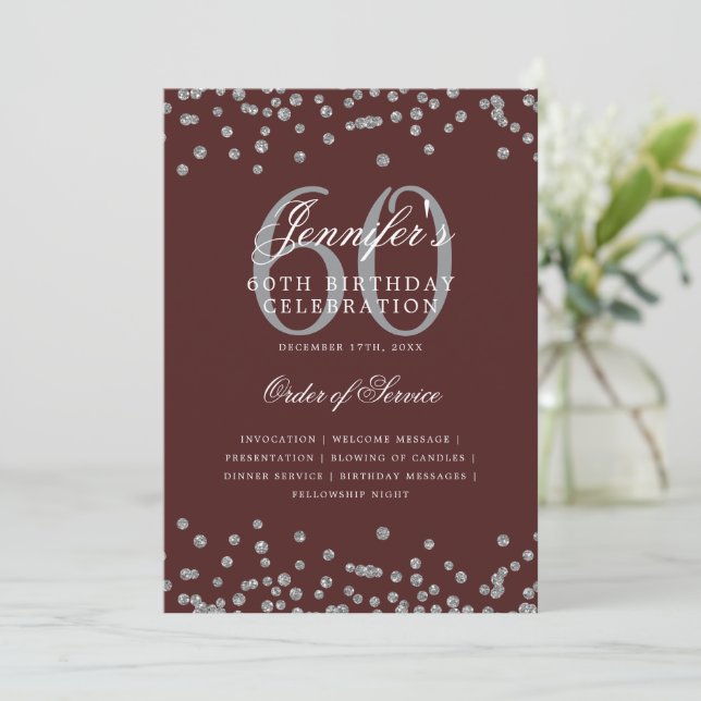 Elegant 60th Birthday Program Menu Silver Burgundy Invitation (Standing Front)