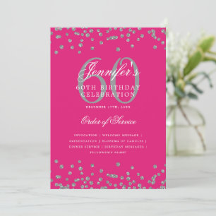 Elegant 60th Birthday Program Menu Silver Hot Pink Invitation