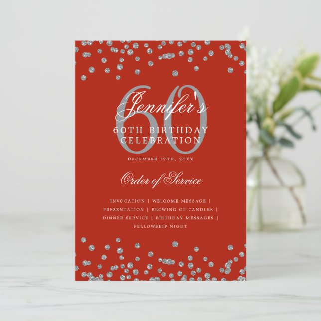 Elegant 60th Birthday Program Menu Silver Red  Invitation (Standing Front)