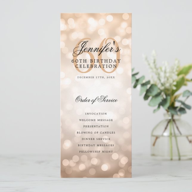 Elegant 60th Birthday Program Rose Gold Bokeh Invitation (Standing Front)