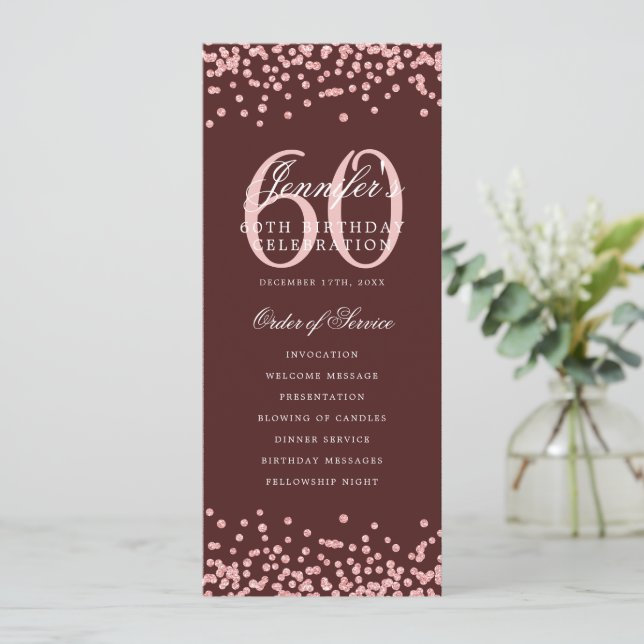 Elegant 60th Birthday Program Rose Gold Burgundy Invitation (Standing Front)