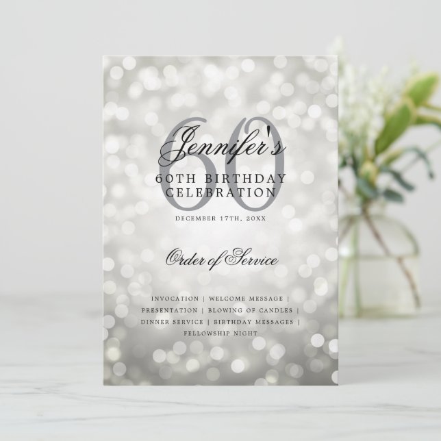 Elegant 60th Birthday Program Silver Bokeh w/ Menu Invitation (Standing Front)