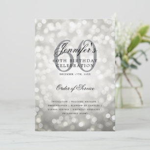 Elegant 60th Birthday Program Silver Bokeh w/ Menu Invitation