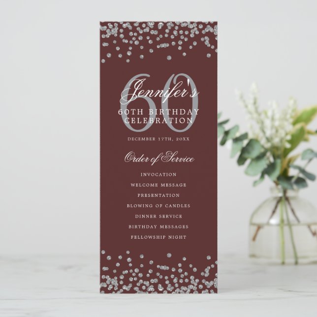 Elegant 60th Birthday Program Silver Burgundy  Invitation (Standing Front)