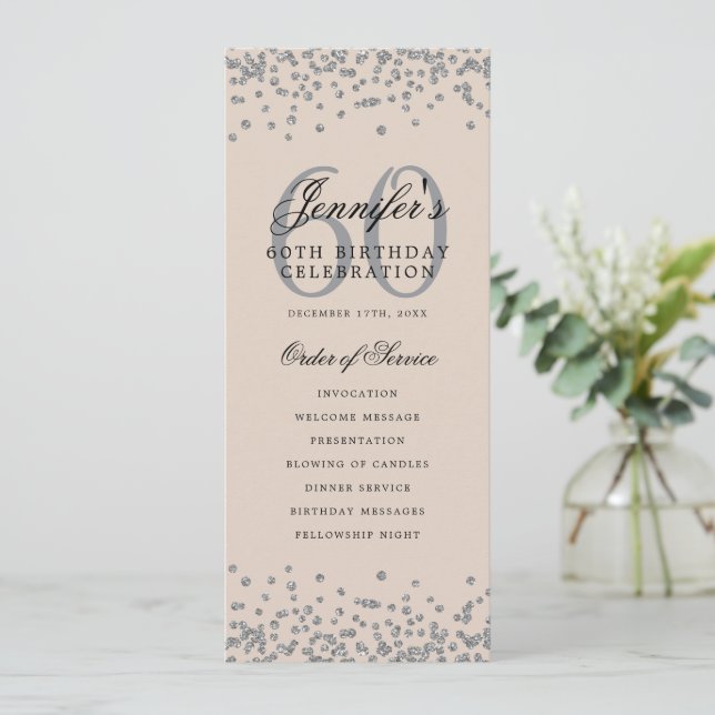 Elegant 60th Birthday Program Silver Champagne  Invitation (Standing Front)