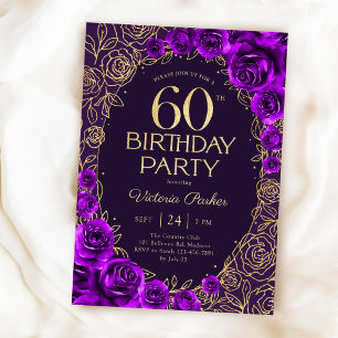Elegant 60th Birthday Purple Gold Floral Invitation