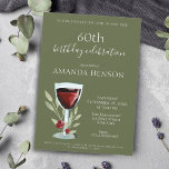 Elegant 60th Birthday Red Wine Surprise Party Invitation<br><div class="desc">Elegant 60th Birthday Red Wine Surprise Birthday Party Invitation. 60th birthday party invitation for her or him. Invitation with a red wine glass, roses and twigs on olive green background. The text is fully customisable - personalise it with your name, any age - 30th 40th 50th 70th 80th 90th 100th,...</div>