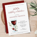 Elegant 60th Birthday Red Wine Surprise Party Invitation<br><div class="desc">Elegant 60th Birthday Red Wine Surprise Birthday Party Invitation. 60th birthday party invitation for her or him. Invitation with a red wine glass, roses and twigs on a white background. The text is fully customisable - personalise it with your name, any age - 30th 40th 50th 70th 80th 90th 100th,...</div>