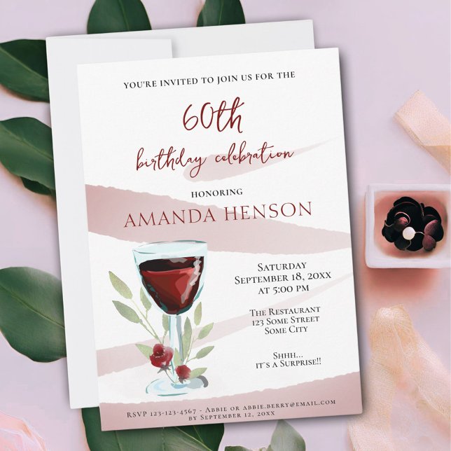 Elegant 60th Birthday Red Wine Surprise Party Invitation (Creator Uploaded)