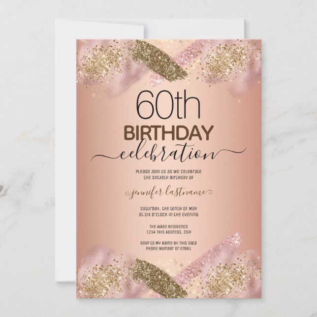 Elegant 60th Birthday Rose Gold Glitter Invitation (Front)