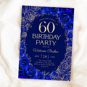 Elegant 60th Birthday Royal Blue Gold Floral Invitation