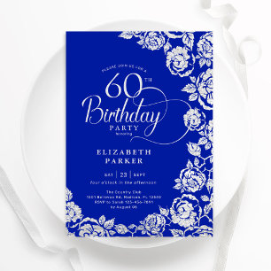Elegant 60th Birthday Royal Blue Silver Roses Invitation