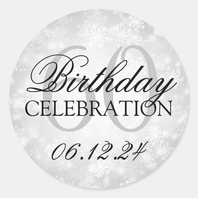 Elegant 60th Birthday Silver Winter Wonderland Classic Round Sticker (Front)