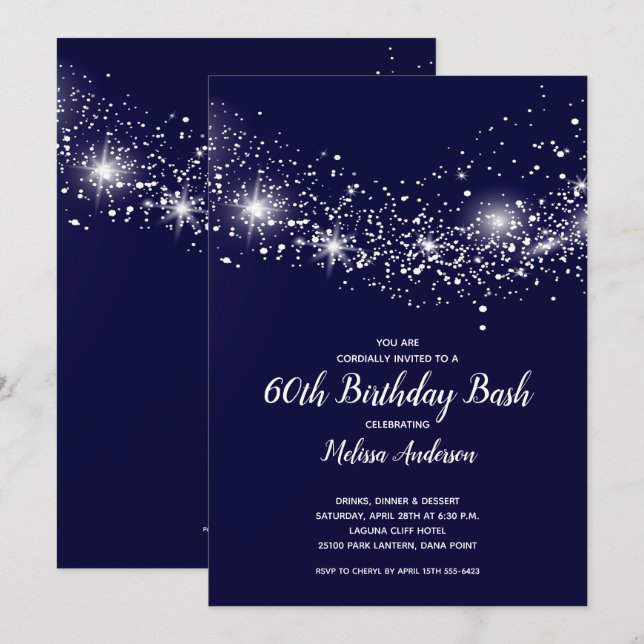 Elegant 60th Birthday Stars Navy Blue Invitation (Front/Back)