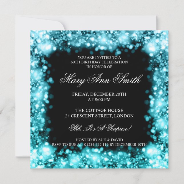 Elegant 60th Birthday Turquoise Sparkling Lights Invitation (Front)