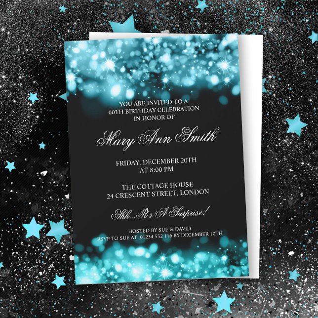 Elegant 60th Birthday Turquoise Sparkling Lights Invitation (Creator Uploaded)