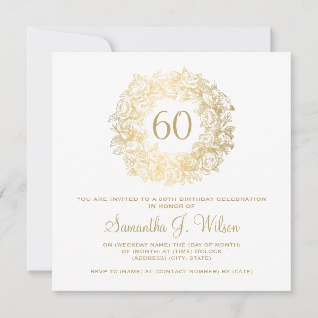 Elegant 60th Birthday Vintage Roses Gold Invitation (Front)