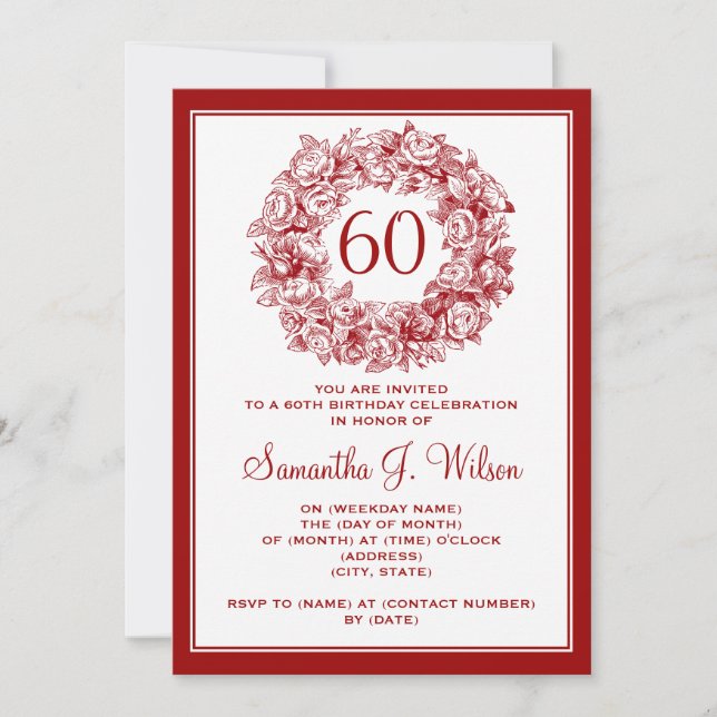 Elegant 60th Birthday Vintage Roses Red Invitation (Front)