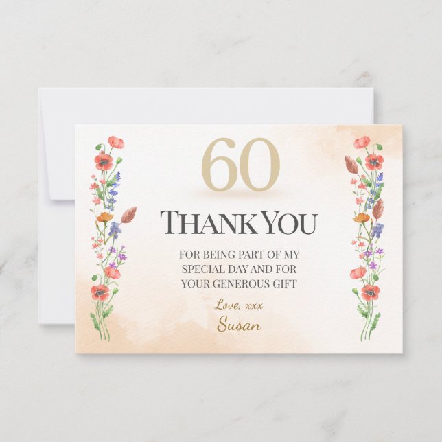 Elegant 60th Birthday – Wildflower Design Thank You Card (Front)