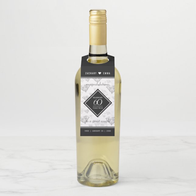Elegant 60th Diamond Wedding Anniversary Bottle Tag (On Bottle)