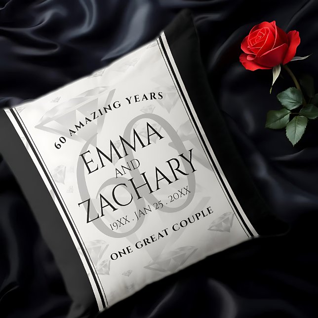 Elegant 60th Diamond Wedding Anniversary Cushion (EO 60th Wedding Anniversary Throw Pillow on Black Satin Cover Photo.)