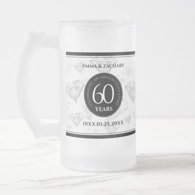 Elegant 60th Diamond Wedding Anniversary Frosted Glass Beer Mug (Left)