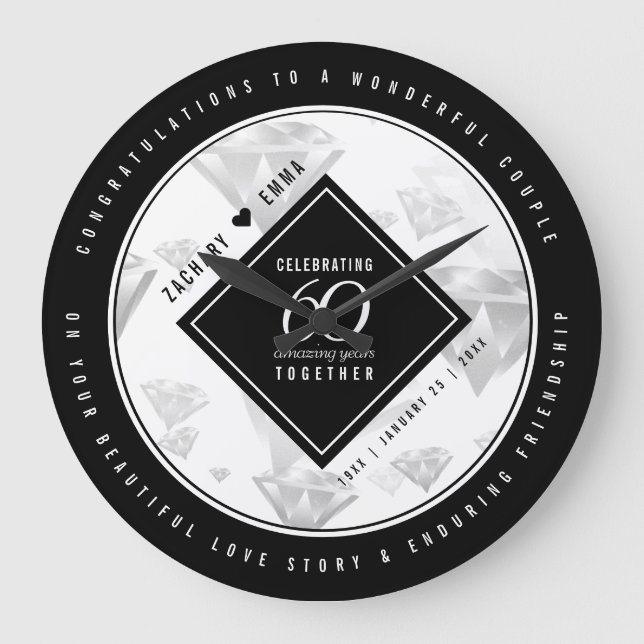 Elegant 60th Diamond Wedding Anniversary Large Clock (Front)