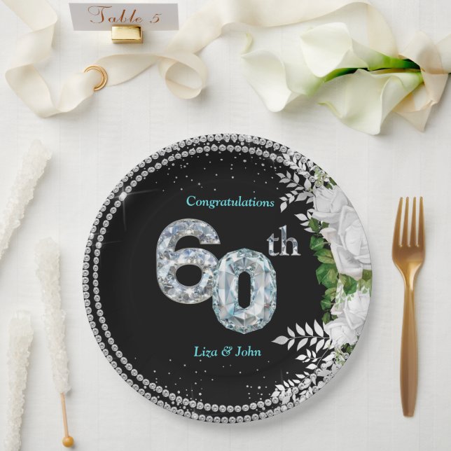 Elegant 60th Diamond Wedding Anniversary Paper Plate (Wedding)