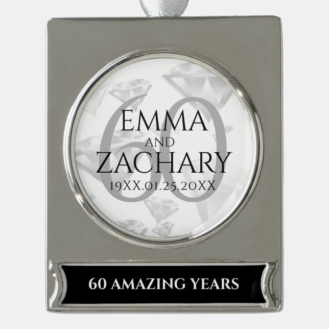 Elegant 60th Diamond Wedding Anniversary Silver Plated Banner Ornament (Front)