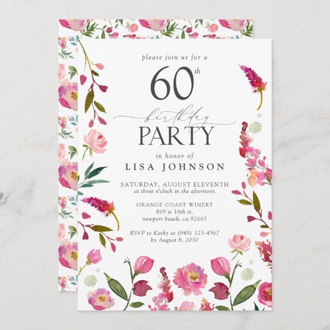 Elegant 60th Pink Watercolor Floral Birthday  Invitation (Front/Back)