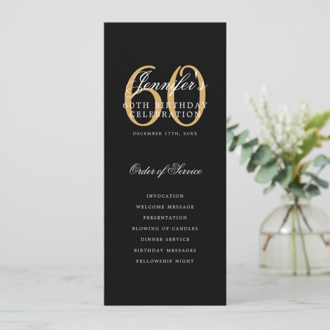 Elegant 60th Program Gold Black Menu+Thank You Invitation (Standing Front)