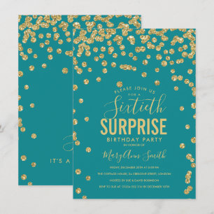 Elegant 60th Surprise Birthday Gold Teal Invitation