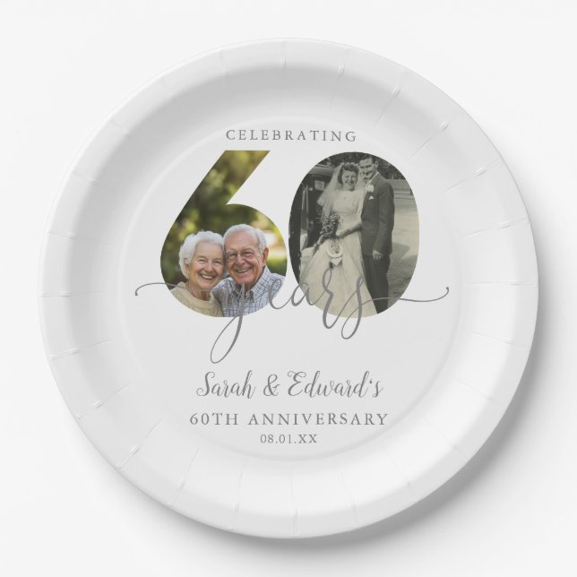 Elegant 60th Wedding Anniversary 2 Photo Paper Plate (Front)