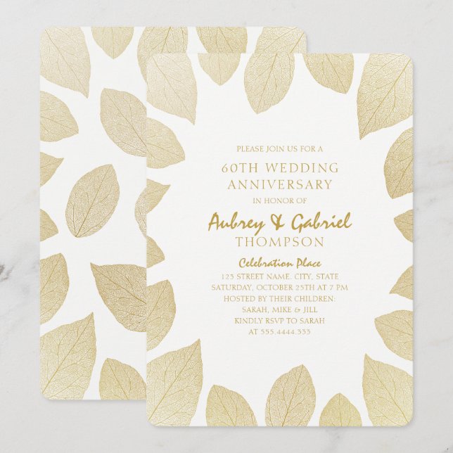 Elegant 60th Wedding Anniversary Golden Leaves Invitation (Front/Back)