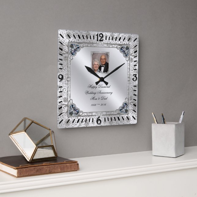 Elegant 60th Wedding Anniversary Photo Clock (Office)