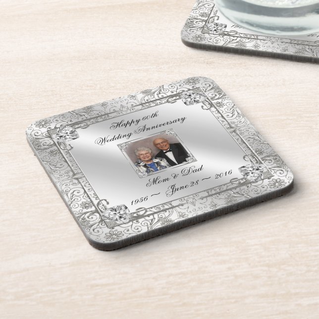 Elegant 60th Wedding Anniversary Photo Coaster (Left Side)