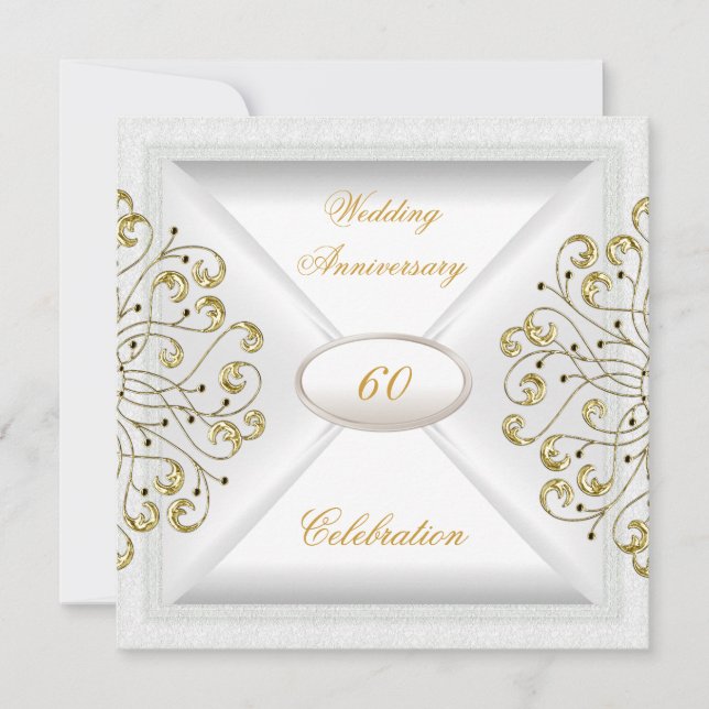 Elegant  60th Wedding Anniversary White Gold Invitation (Front)