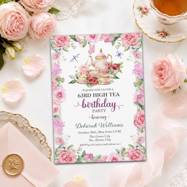 Elegant 63rd Birthday High Tea Party  Invitation (Creator Uploaded)