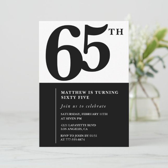 Elegant 65th birthday invitation Black Chic Modern (Standing Front)
