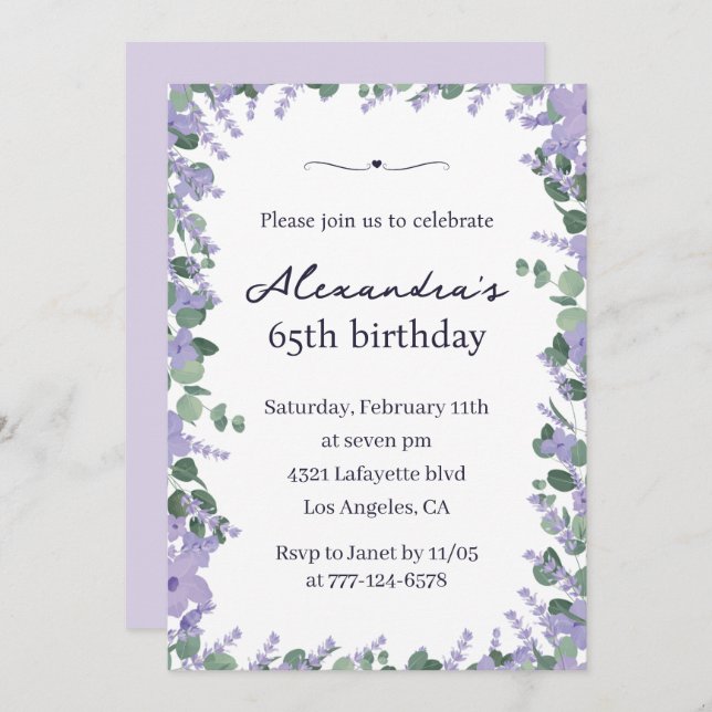 Elegant 65th birthday invitations Floral Frame (Front/Back)
