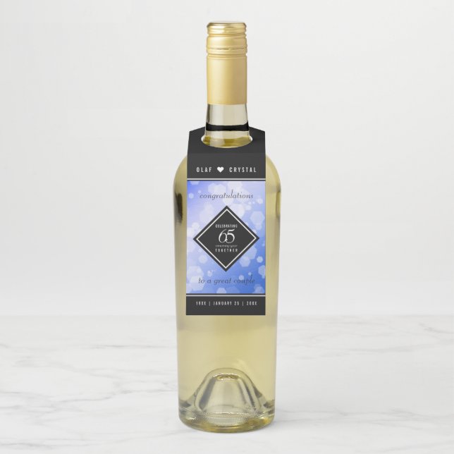 Elegant 65th Blue Sapphire Wedding Anniversary Bottle Tag (On Bottle)