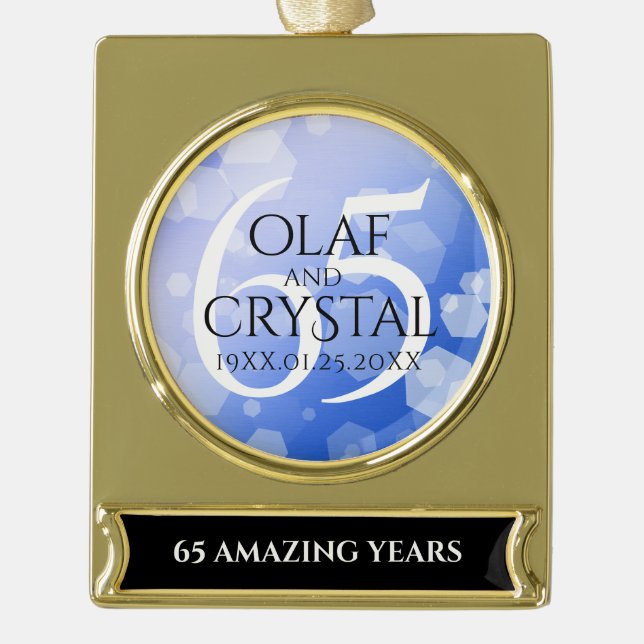 Elegant 65th Blue Sapphire Wedding Anniversary Gold Plated Banner Ornament (Front)
