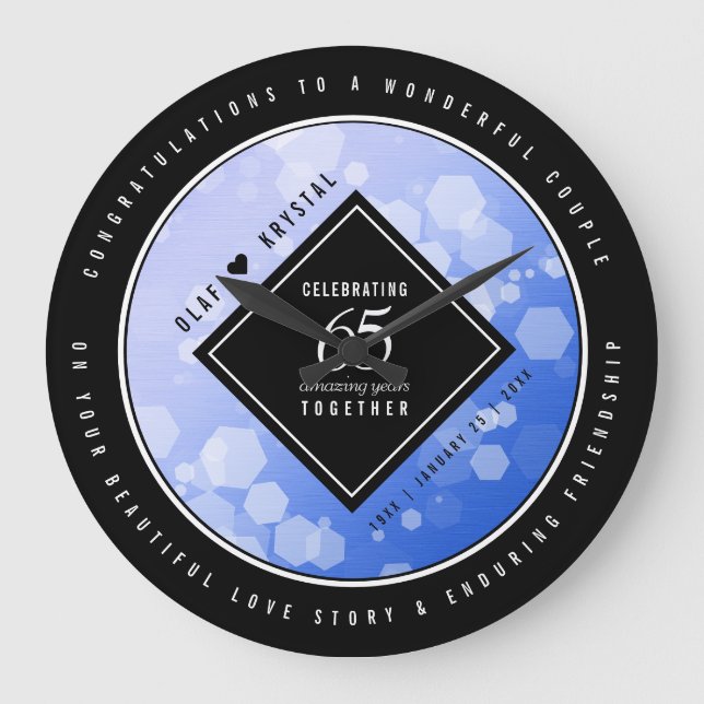 Elegant 65th Blue Sapphire Wedding Anniversary Large Clock (Front)