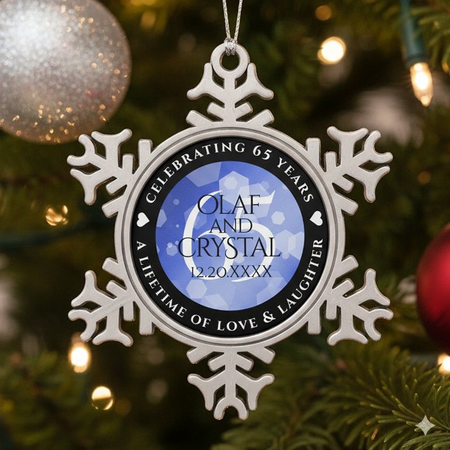 Elegant 65th Blue Sapphire Wedding Anniversary Snowflake Pewter Christmas Ornament (65th Blue Sapphire Wedding Anniversary Snowflake Pewter Ornament Cover Photo)