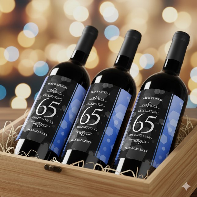 Elegant 65th Blue Sapphire Wedding Anniversary Wine Label (65th Blue Sapphire Wedding Anniversary Wine/Liquor Drink Label Cover Photo)