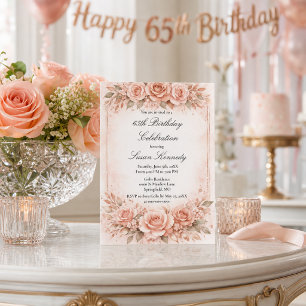 Elegant 65th Milestone Blush Rose Birthday Invitation
