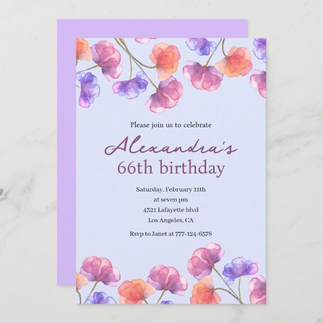 Elegant 66th invitations Boho Floral Chic (Front/Back)